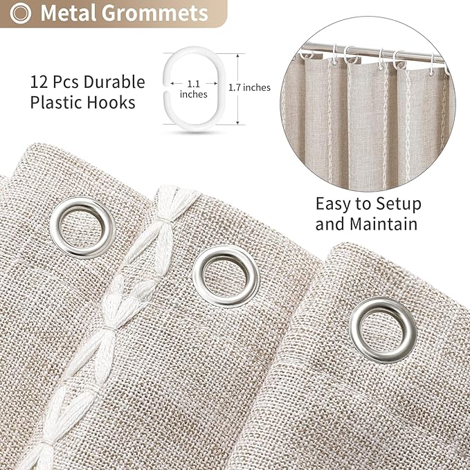 MitoVilla Boho Extra Long Shower Curtain 72 x 96, Taupe Modern Farmhouse 96 inch XL Polyester Linen Texture Tassel Fabric Shower Curtain Set with Hooks for Cottagecore Country Bathroom Decor,Taupe