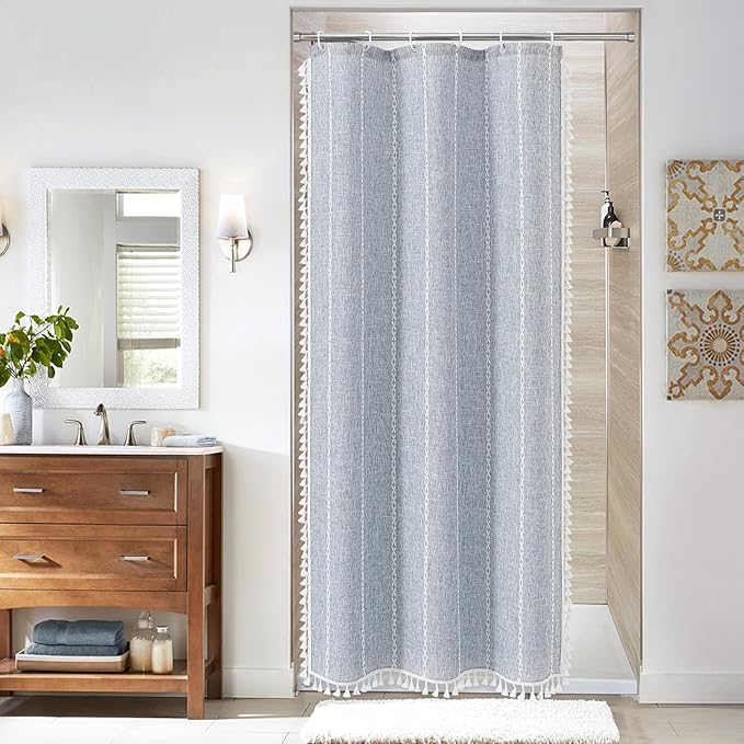 MitoVilla White Boho Farmhouse Small Stall Shower Curtain Set 36 x 72, Half Size Narrow Polyester Linen Fabric Shower Curtains for Farmhouse Bathroom Decor, White