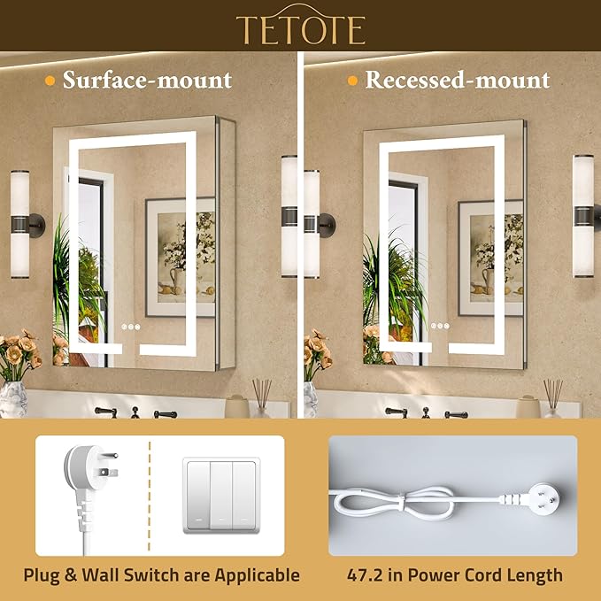 TETOTE LED Lighted Bathroom Medicine Cabinet Mirror with Lights 36 x 30 Recessed or Wall Mounted Cabinet with 2 Door, Tempered Glass, Outlets & USB, 3-Color Stepless Dimming, Defog, Adjustable Shelf