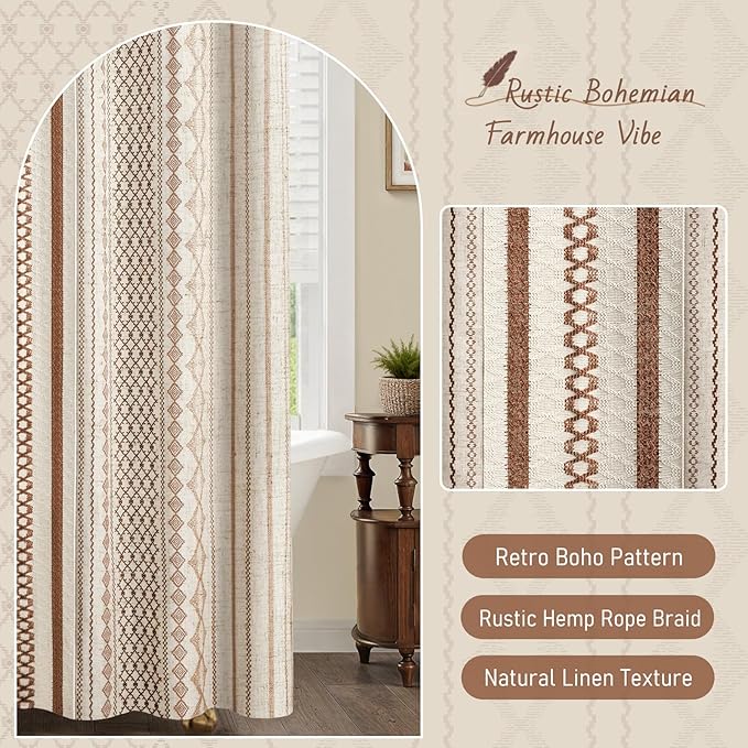 Boho Linen Shower Curtain for Bathroom,Brown Striped Print and Twine-Inspired Woven Center,72" W x 72" L