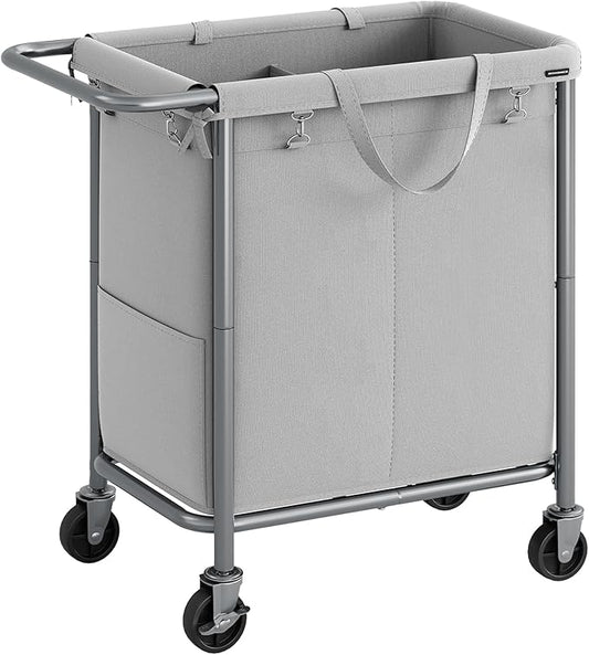 SONGMICS Laundry Basket with Wheels, 2-Section Rolling Laundry Hamper, 37 Gallons (140 L), Removable Liner, Steel Frame with Handle, 27.2 x 15.4 x 31.9 Inches, Dove Gray URLS004G01