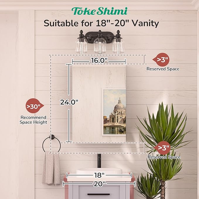 TokeShimi 16x24 Bathroom Medicine Cabinet with Mirror, Aluminum Silver Recessed or Surface Mount with Adjustable Storage Metal