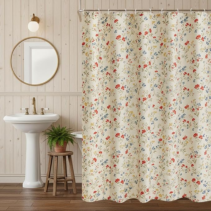 Boao Floral Shower Curtain Linen Farmhouse Cottagecore Spring Shower Curtain Boho Rustic Wildflowers Water Repellent for Bathroom Farmhouse 72" W x 72" L(Vintage Flower)