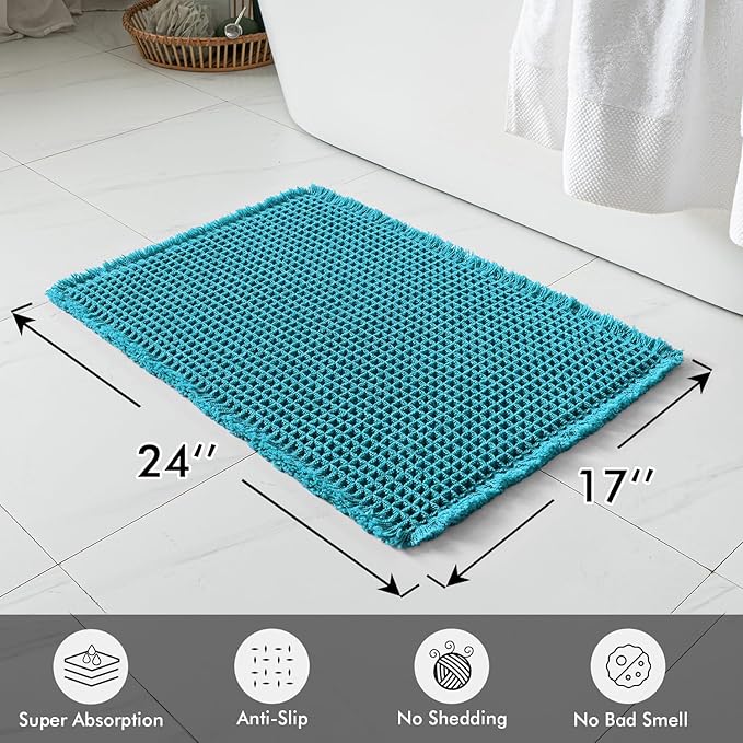 MIULEE Set of 2 Waffle Bathroom Rugs, Boho Bath Rugs Non Slip Washable, Super Absorbent Bath Mats, Ultra Soft Rubber Backed Shower Mats for Bathroom Floor, Tub and Shower, Teal, 17x24 Inch