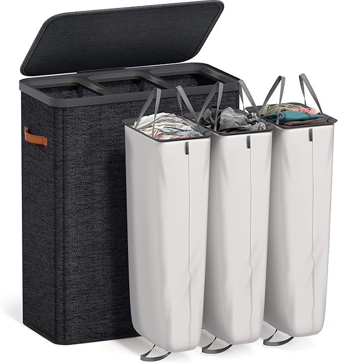 Sorbus Laundry Hamper with Lid - Collapsible 3-Compartment Fabric Laundry Basket with Handles and Removable Laundry Bag – 50 Gallon (190 L) Dirty Clothes Hamper for Bedroom, bathroom and dorm (Black)
