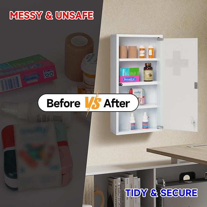 Locking Medicine Cabinet, 11.8" W x 23.6" H x 4.7" D - Wall Mount Metal Medicine Cabinet with Lock, White Medical Cabinet, Frosted Glass Door with Keys and First Aid Cross Sign, 4 Shelves