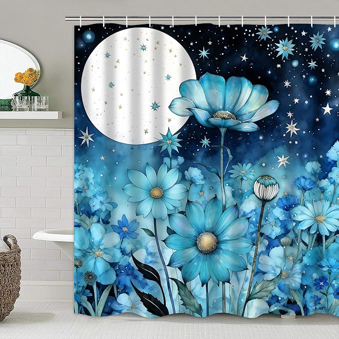 AZHM Blue Moonlit Floral Shower Curtain Set 4 PCS Starry Night Botanical Bathroom Decor Set with Non-Slip Rugs, Toilet Lid Cover and Bath Mat