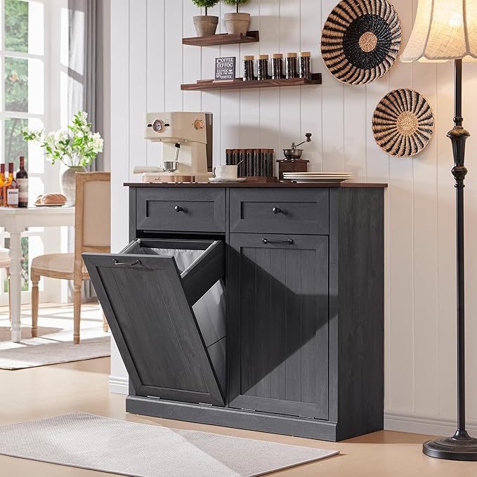 IFBUY Double Tilt Out Laundry Hamper Cabinet, 20 Gallon Farmhouse Trash Can Cabinet with Drawer, Hidden Wood Garbage Can Bin Cabinet with Laundry Storage Basket for Bathroom, Kitchen, Dark Grey