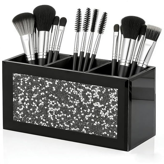 SHYFOY Black Makeup Brush Holder Organizer, 3 Slots Glass Cosmetic Brushes Storage Holder with Crushed Diamond, Pencil Pen Holder for Desk, Desk Organizer and Accessories for Vanity