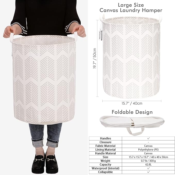 Sea Team 19.7 Inches Large Sized Waterproof Coating Ramie Cotton Fabric Folding Laundry Hamper Bucket Cylindric Burlap Canvas Storage Basket with Stylish Fishbone Grey Design