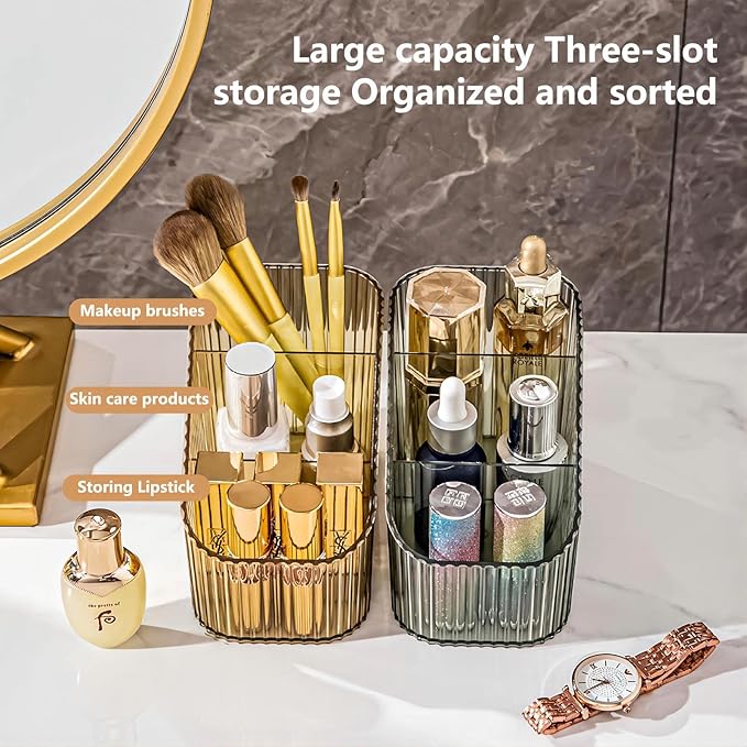 DASITON Large Capacity Makeup Brush Holder,3 Slot Makeup Brush Cup,Vintage striped Make Up Brush Holder,for Vanity Decor,Bathroom Countertops,Desk Storage Container,Cosmetic Display cases(Clear-S)