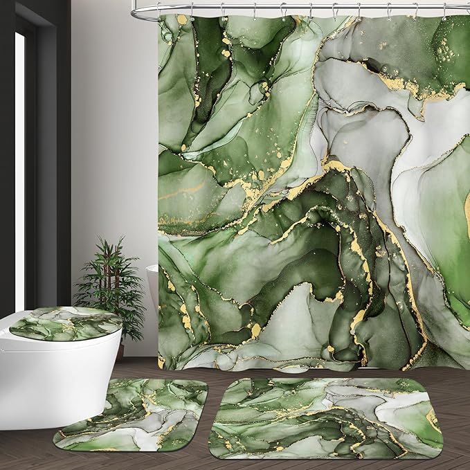 4PCS Olive Green Marble Bathroom Sets with Shower Curtain and Rugs, Abstract Shower Curtain Sets with Rugs, Gold Bathroom Curtains Shower Set with Toilet Lid Cover Accessories