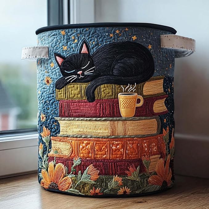 Cute Cat Quilted Laundry Basket with Handles, Boho Floral Fabric Quilted Laundry Basket, Large Soft Collapsible Storage Hamper for Nursery, Bedroom, Bathroom, Clothes & Toy Organization (#02)
