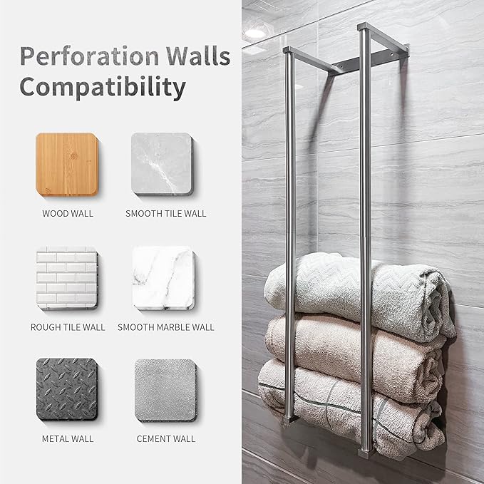 Towel Racks for Bathroom, Towel Holder for Bathroom Wall, 304 Stainless Steel Bathroom Towel Rack Wall Mounted for Storing Towels, Robes, Bathroom Towel Holder with Hooks, Bathroom Towel Storage, Pro