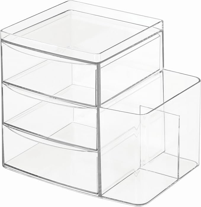 iDesign Clarity Cosmetic Organizer for Vanity Cabinet to Hold Makeup, Brushes, Beauty Products - 3 Drawers and Caddy, Clear