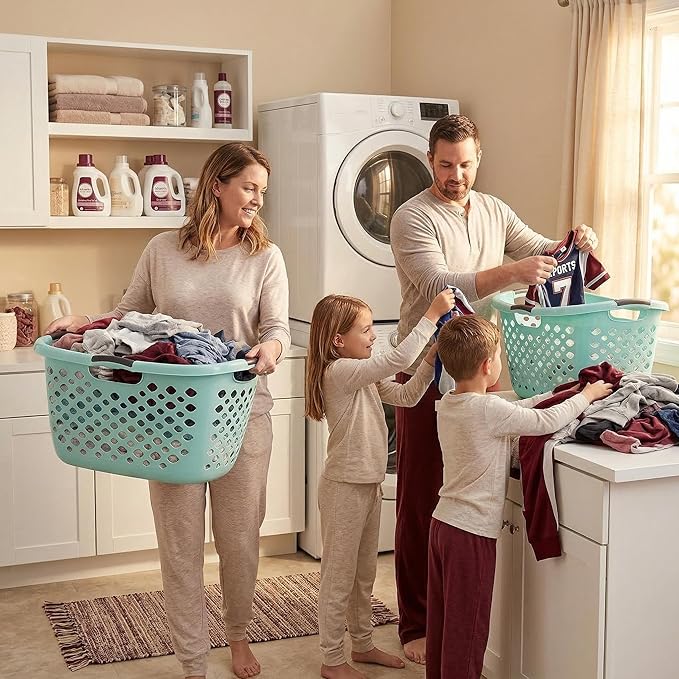 (2 Pack) 1.8 Bushel Hip Hugger Laundry Basket, Teal Flexible Plastic Hamper - Easy 1-Hand Carry(Home/Laundry Room)