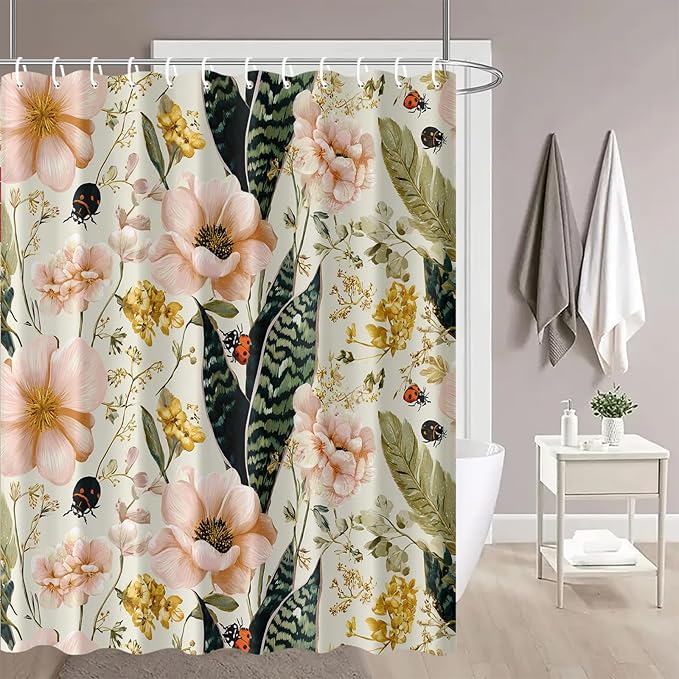 Floral Shower Curtain 72x72 Inch Botanical Flower and Ladybug Print Bathroom Curtain Vintage Garden Style for Cottagecore Decor