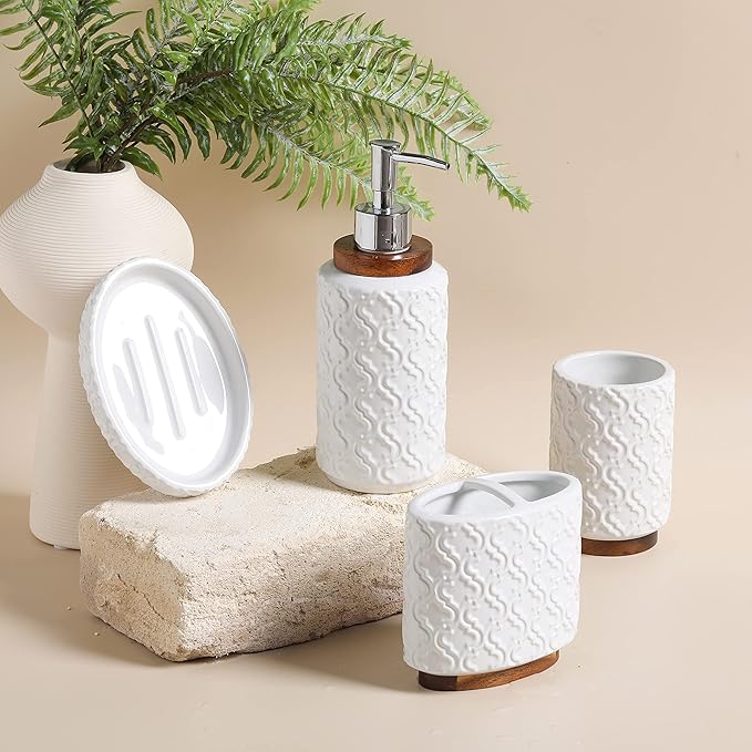 RQYIXI 4 Piece Bathroom Accessories Set, White Ceramic Bath Accessory Set with Wood Accents, Soap Dispenser, Toothbrush Holder, Tumbler and Soap Dish, Elegant Bathroom Countertop Decor