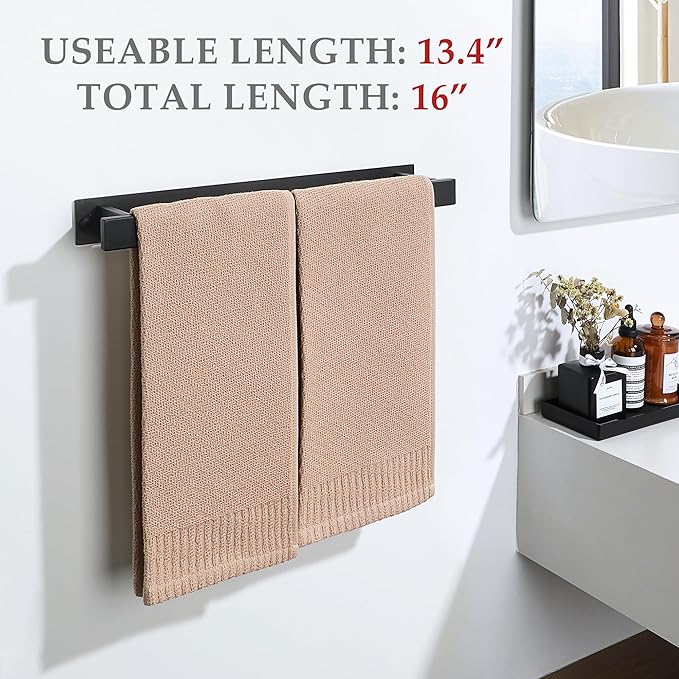 Alise Bathroom Towel Bar, 16 Inch Matte Black Towel Racks for Bathroom and Lavatory, SUS304 Stainless Steel Hand Towel Holder Towel Rail,Wall Mount with Self-Adhesive or Screw-in,GJZ5040-B