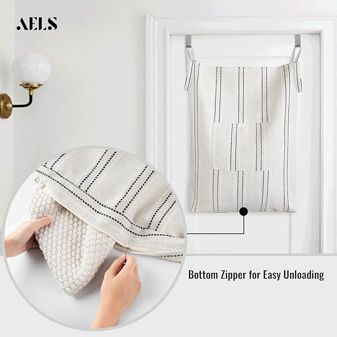 AELS Farmhouse Hanging Laundry Hamper with 2 Hooks, Boho Beige & Black Stripes Laundry Bag with Zipper & Wide Open Top, Over the Door Organizer for Dirty Clothes, Washable Space Saving Storage