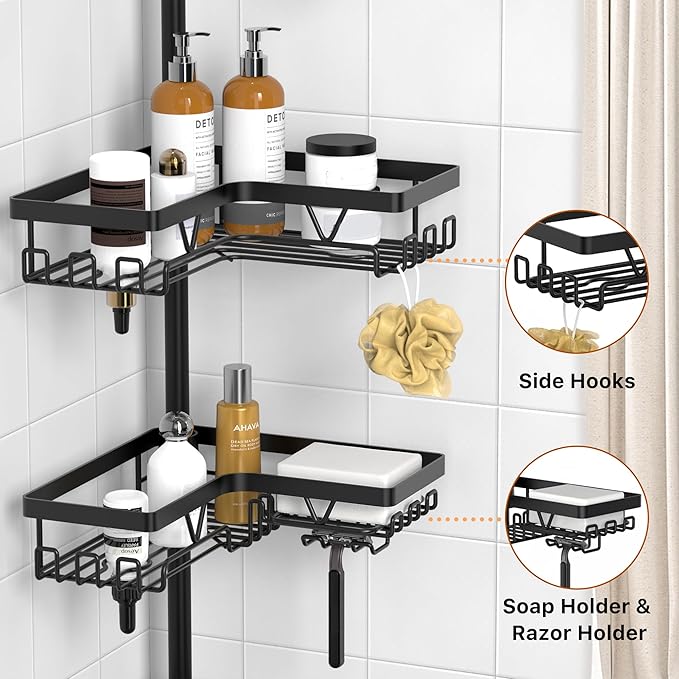 KEGII Corner Shower Organizer, 6-Tier Tension Pole Shower Caddy, Black Floor Standing Corner Shelf for Shower 25-114.2 inch, Waterproof and Rustproof