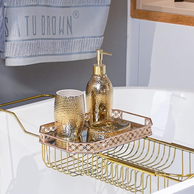 Gold Bathroom Accessory Set - 3 Piece Decorative Ceramic Bathroom Accessories Sets with Lotion Soap Dispenser, Toothbrush Holder/Tumbler and Soap Dish, Golden Gift Set for New Home Decor