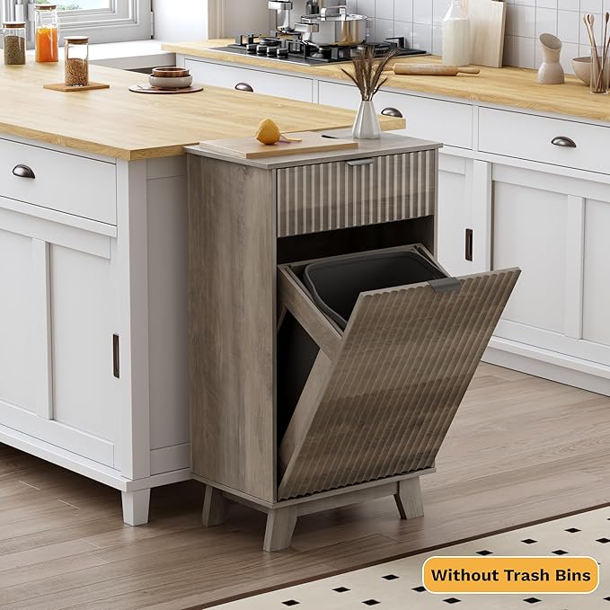 Double Tilt Out Laundry Hamper Cabinet, 20 Gallon Wooden Trash Can Cabinet with Storage Drawers, Hidden Fluted Garbage Can Holder for Kitchen, Living Room (Wood Grey, 20.47"W x 35.83"H x 13"D)