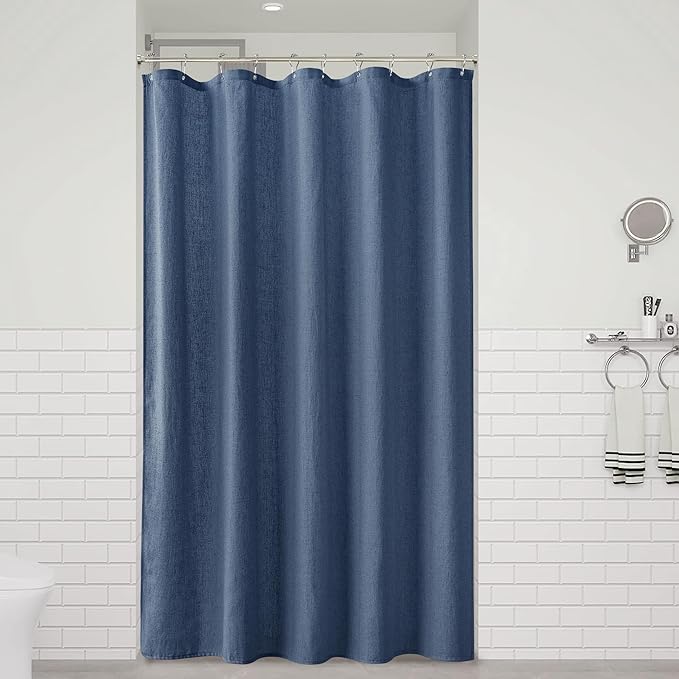 Naturoom Vintage Blue 54 Inch Shower Curtain - Stall Narrow Half Linen Ultra Thick Fabric Shower Curtain Set with Hooks, Boho Farmhouse Rustic RV Camper Bath Curtains for Bathroom, 54x78