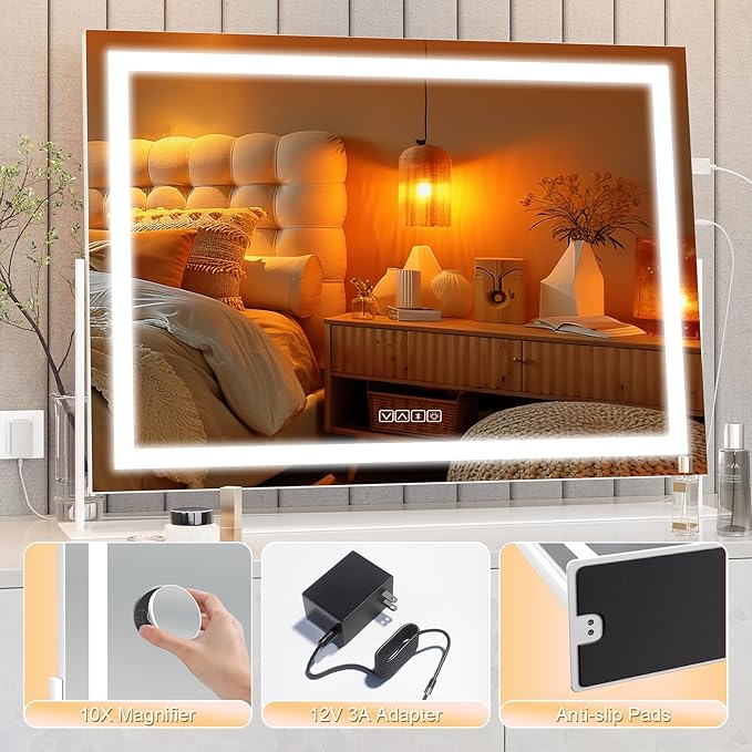 Hasipu Vanity Mirror with Lights and Bluetooth Speaker, 29.5" x 21.3" LED Makeup Mirror, Light up Mirror with 10X Magnification, USB Charging Port, Smart Touch 3 Colors Dimmable (White)
