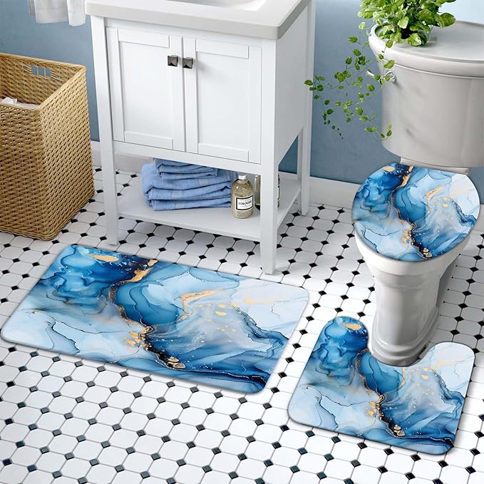 Lnond 4Pcs Bathroom Sets with Shower Curtain and Rugs, Marble Bathroom Shower Curtain Sets, Blue Gold Modern Art Bathroom Sets with Rugs and Accessories