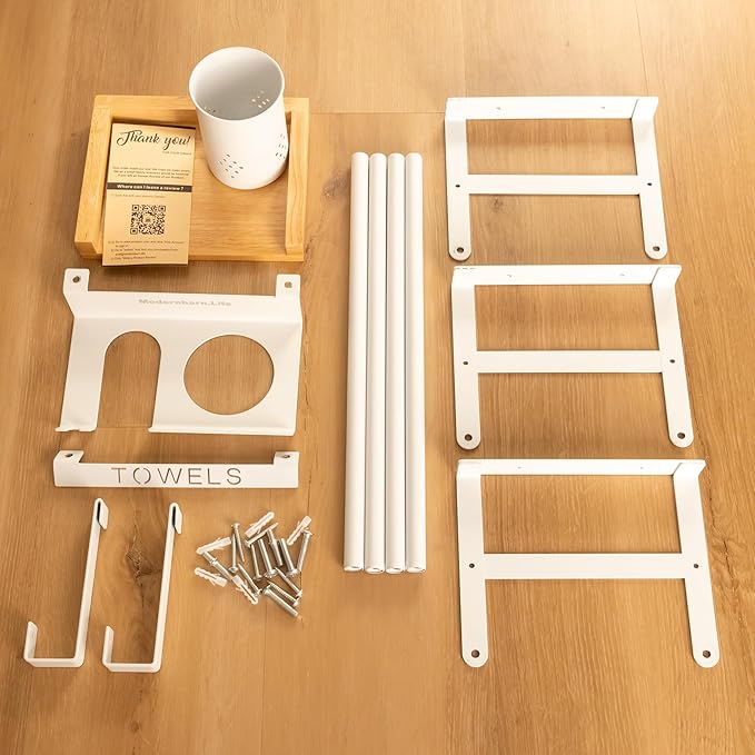 Over The Door/Wall Mounted Towel Rack - Modern Door & Wall Towel Holder for Rolled Towels with Hair Slot Dryer & Multipurpose Cup Holder - Hanging Towel Rack for Bathroom Holds 6 Large Towels - White