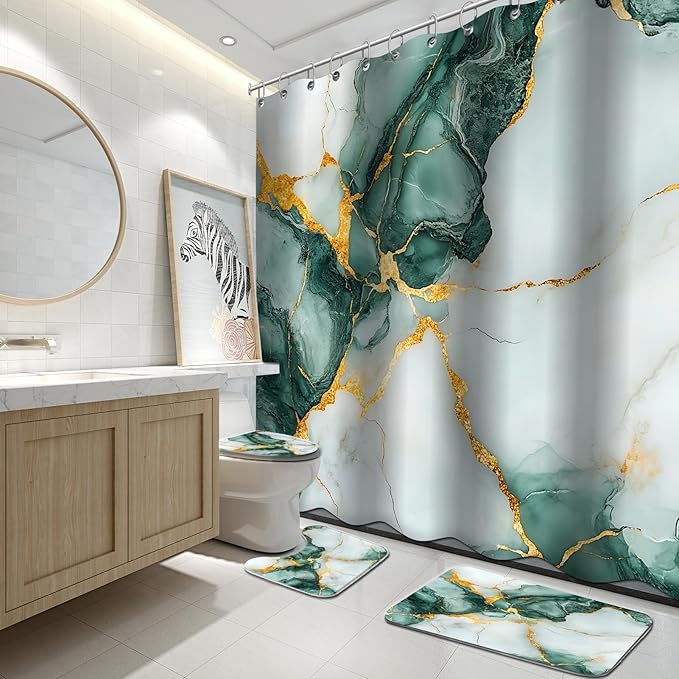 Lnond 4Pcs Marble Bathroom Sets with Shower Curtain and Rugs,Green Gold Marble Modern Art Bathroom Shower Curtain Sets with Rugs and Accessories