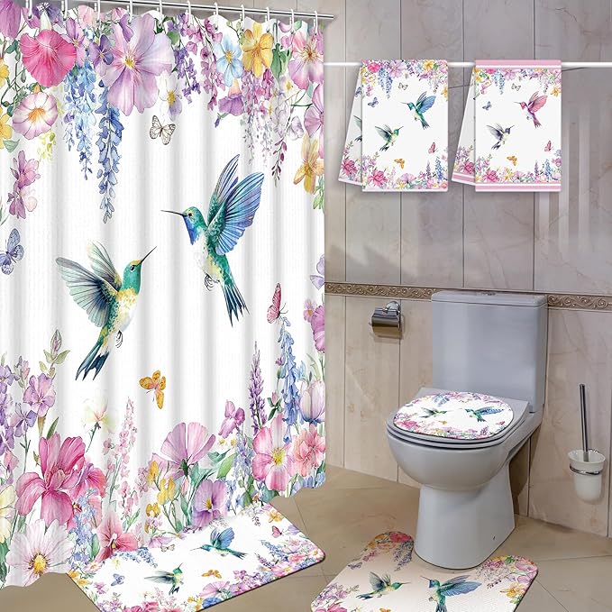 Nuanchu 6 Pcs Spring Shower Curtain Set with Rug Hummingbird Bathroom Sets with Shower Curtain Bath Mat U Shaped Mat Toilet Lid Cover 2 Bath Towels and 12 Hooks Hummingbird Flower Bathroom Decor