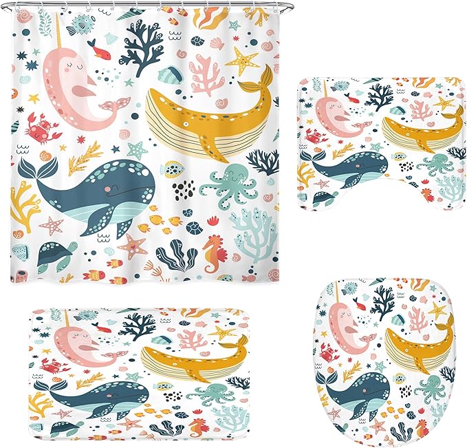 LGhtyro 4PCS Kids Whale 71Wx71H Inches Underwater Fish for Girls Ocean Sealife Shower Curtain Sets with Rugs, Toilet Lid Cover and Bath Mat, Cute Bath Accessories Art Home Decor Fabric 12 Pack Hooks