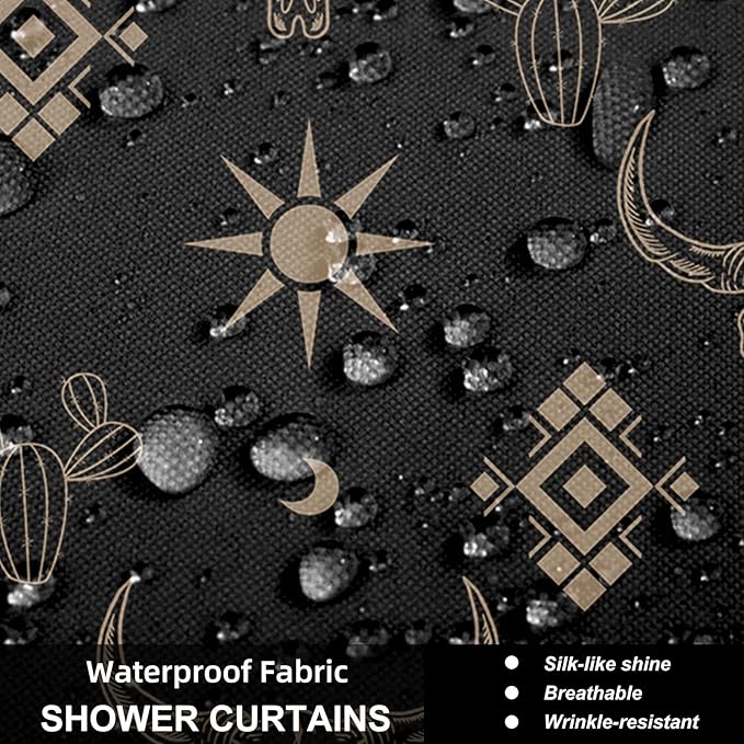 4Pcs Cow Skull Western Shower Curtains for Bathroom Decor Sets with Rugs, Sun and Cactus Farmhouse Shower Curtain for Bathroom, Black Gold Washable Fabric with 12 Hooks, Set de baño completo