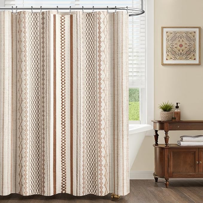Boho Linen Shower Curtain for Bathroom,Brown Striped Print and Twine-Inspired Woven Center,72" W x 72" L