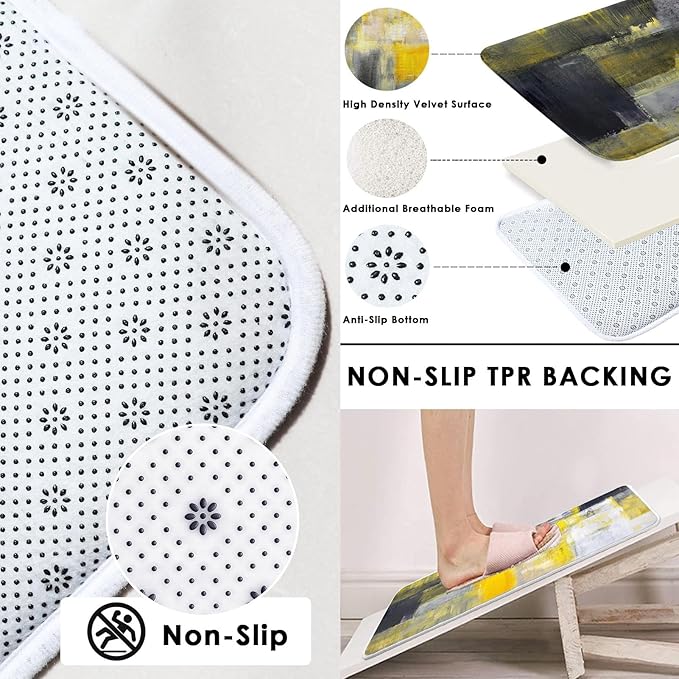 Britimes 4 Piece Shower Curtain Sets with 12 Hooks, Yellow Gray White with Non-Slip Rugs, Toilet Lid Cover and Bath Mat for Bathroom Decor Set 72" x 72"