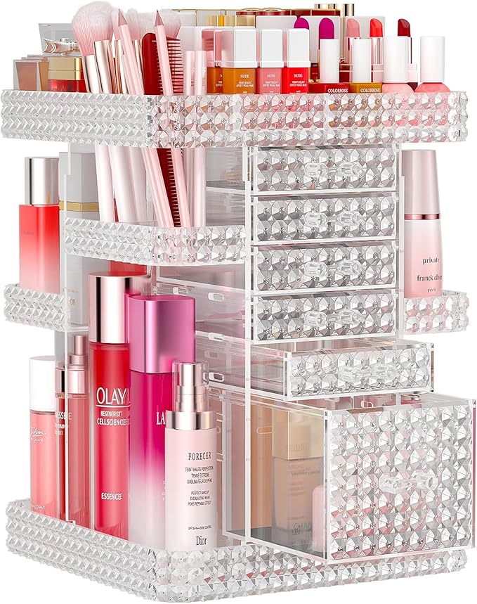 2 Pack Makeup Organizer Set, Rotating Makeup Organizer with 6 Drawers, Makeup Brush Holder, Clear