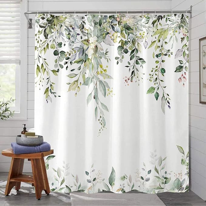 kampdream Eucalyptus Plant Rustic Shower Curtain, Watercolor Leaves On The Top Country Farm House Shower Curtain, Spring Botanical Bathroom Curtain 72 ×84 Inch