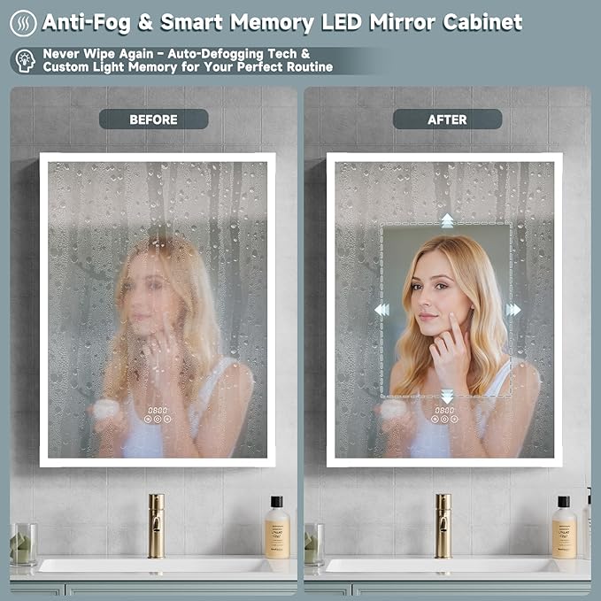 Medicine Cabinet with Lights, 36x30 Inch LED Mirror with 3 Color Lighted, Dimmable, Defogger, Clock & Temp, Surface or Recessed