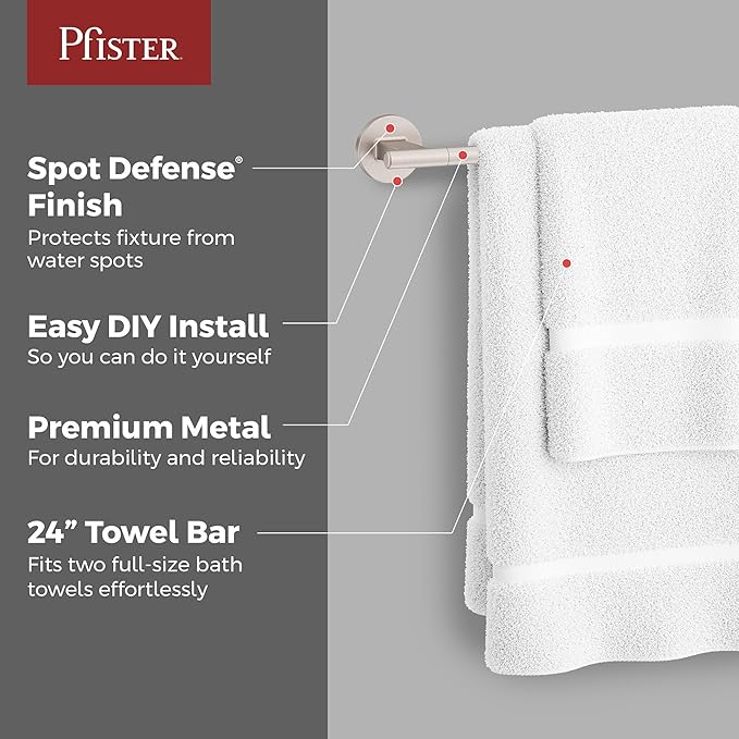 Pfister Capistrano Bath Towel Bar for Bathroom, 24-Inch, Wall-Mounted, Screw-in, Spot Defense Brushed Nickel Finish, BTBCSO2GS