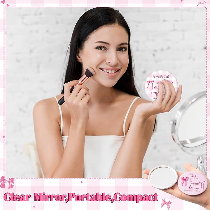 Y1tvei Bow Bible Compact Mirrors - 36Pcs Bowtie White Pink Bible Verse Mini Compact Mirrors, Bow Knot Small Portable Round Pocket Mirror Christian Inspirational Church Party Favors Gifts for Women