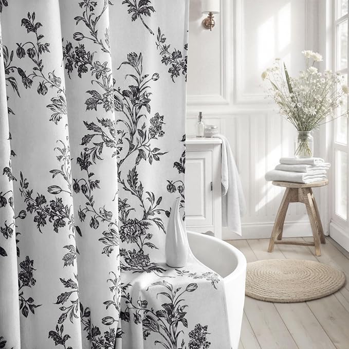 Black and White Floral Shower Curtain,Vintage Cotton Cottagecore Gray Shower Curtains for Bathroom, 72" W x 72" L