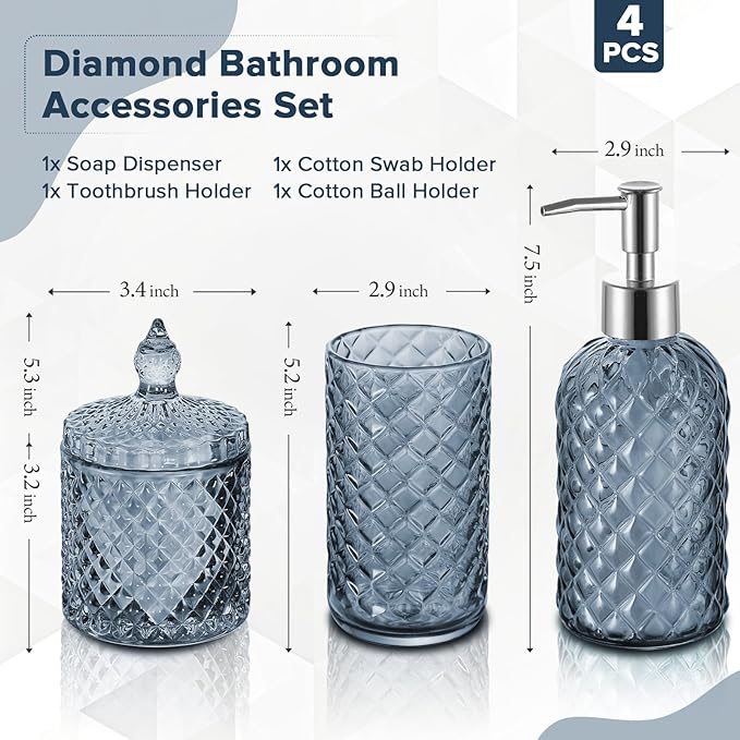 RYTOXILO Blue Bathroom Accessories Set, 4 Pack Light Blue Bathroom Decor Accessory Sets Complete, Diamond Glass Soap Dispenser and Toothbrush Holder Set for Bath Counter Organizer Essentials