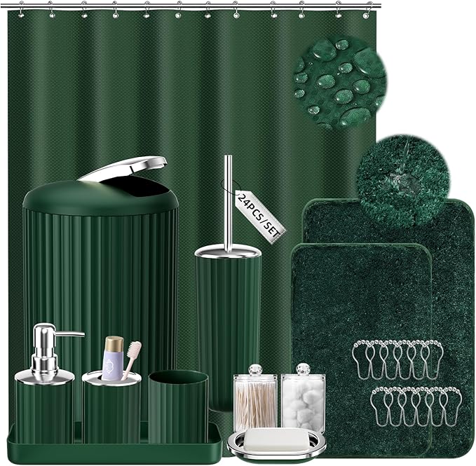 XLHOMO 24 PCS Dark Green Bathroom Accessories Set with Shower Curtain and Rugs, Bathroom Sets with Extra Soft and Absorbent Bath Rugs Shower Curtain Bathroom Accessory for Bath