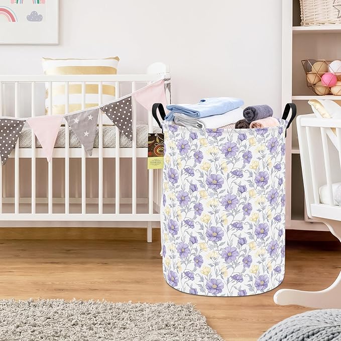HUNRUNG Laundry Hamper,Large Canvas Fabric Lightweight Storage Basket Toy Organizer Dirty Clothes Collapsible Waterproof for College Dorms???Round-Purple Flowers???