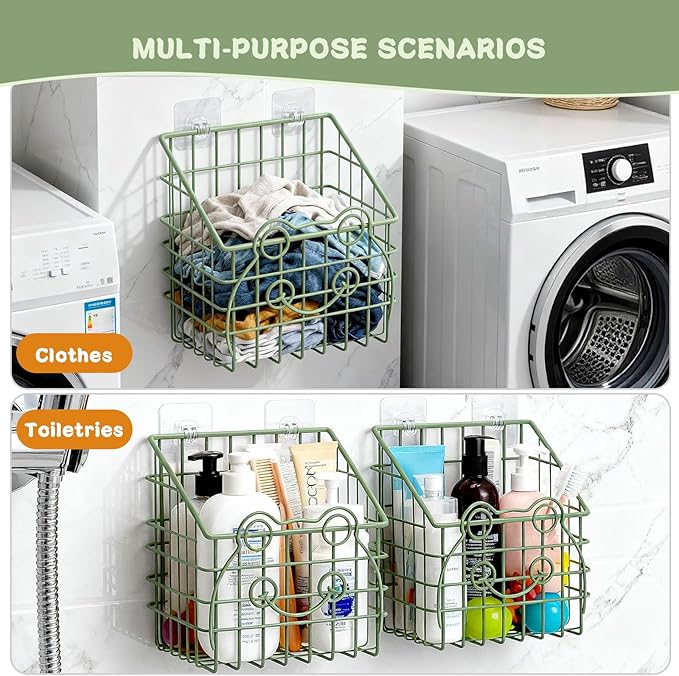 Greentainer 2 PackBath Toy Organizer, Wall Mounted Shower Storage Basket - Metal Bathtub Toy Holder with Hooks for Sorting Kids Toys, Baby Bath Accessories, Toiletries & Shampoo（Green frog）