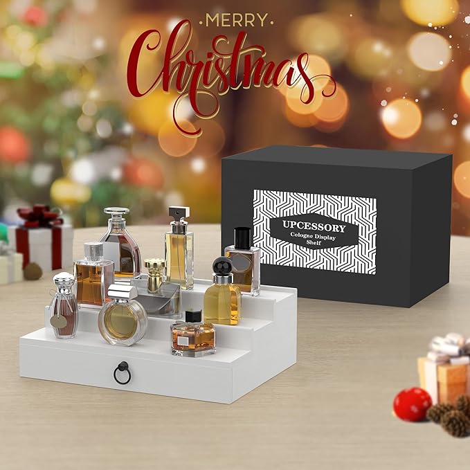 upcessory Cologne Organizer for Men, 3 Tier Wood Perfume Organizer with Felt Lining Drawer and Hidden Compartment, White Perfume Display Holder, A Gift for Men