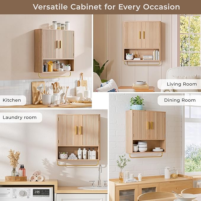 Memobarco Bathroom Cabinet Wall Mount with Fluted Door Panel & Adjustable Shelf, Medicine Cabinet with Open Partition and Towel Bar, Wall Storage Cabinet for Laundry Room & Kitchen (Natural Oak)