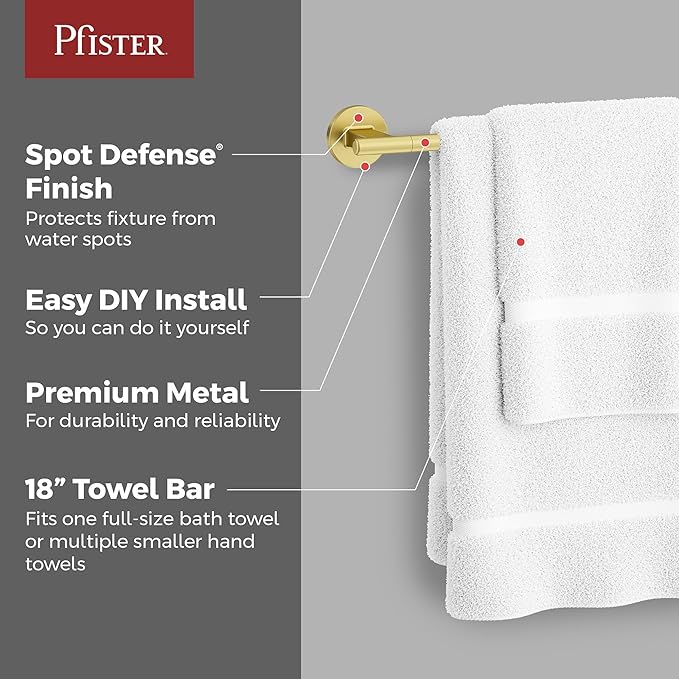 Pfister Capistrano Bath Towel Bar for Bathroom, 18-Inch, Wall-Mounted, Screw-in, Brushed Gold Finish, BTBCSO1BG